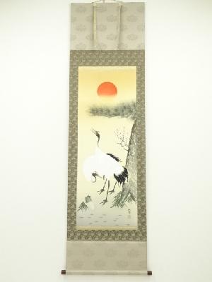 JAPANESE HANGING SCROLL / HAND PAINTED / CRANES WITH TURTLE 